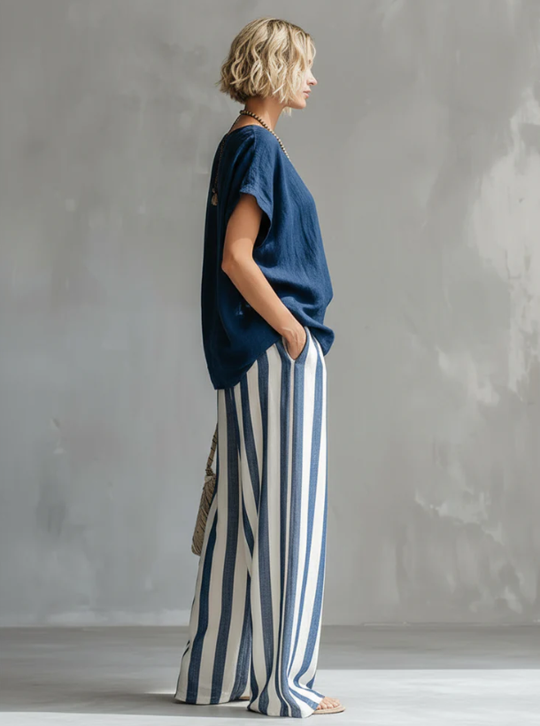 Completo da donna morbido a righe in cotone e lino