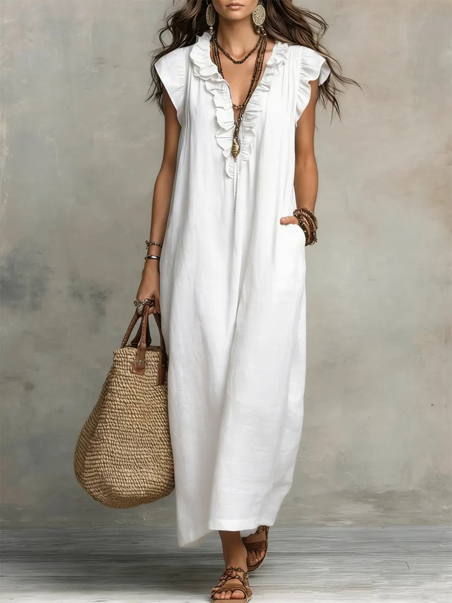 Abito casual da donna in cotone e lino con volant