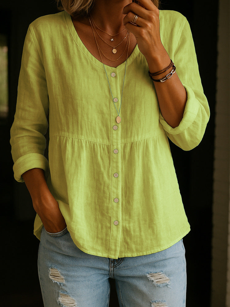 Camicia da donna in misto lino e cotone – Blusa casual ampia con maniche a 3/4 e scollo rotondo