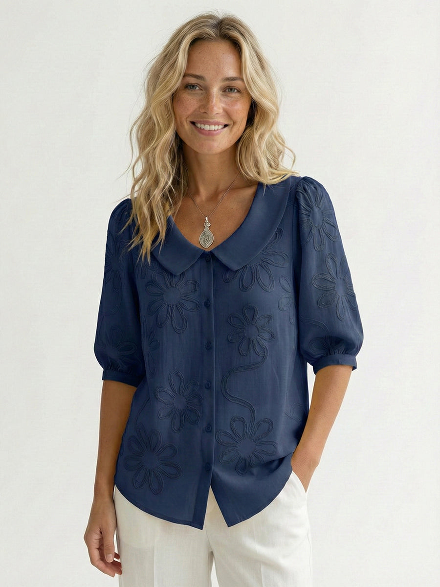 Camicia Donna Vintage Colletto Peter Pan – Ricamo Floreale Stile Casual Elegante