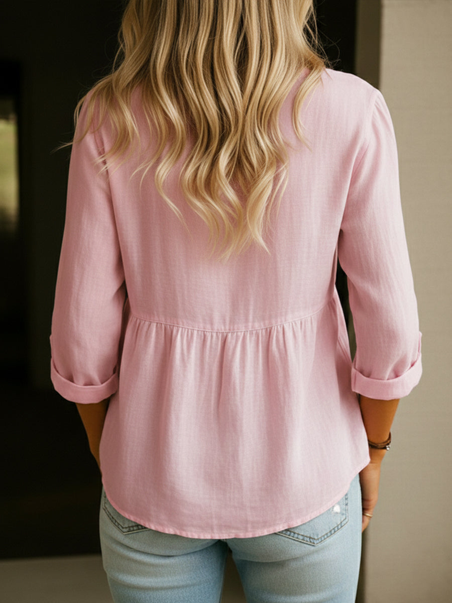 Camicia da donna in misto lino e cotone – Blusa casual ampia con maniche a 3/4 e scollo rotondo