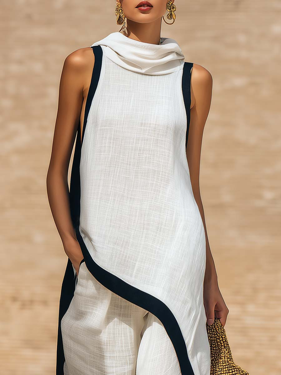 Completo elegante da donna in lino e cotone con finiture artistiche