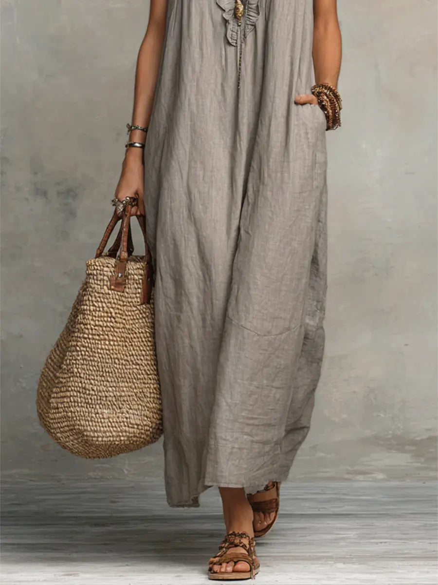 Abito casual da donna in cotone e lino con volant