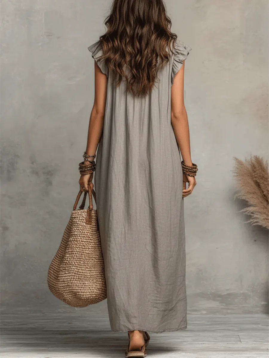 Abito casual da donna in cotone e lino con volant