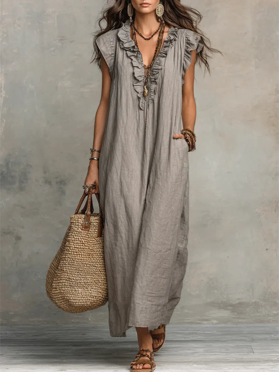 Abito casual da donna in cotone e lino con volant