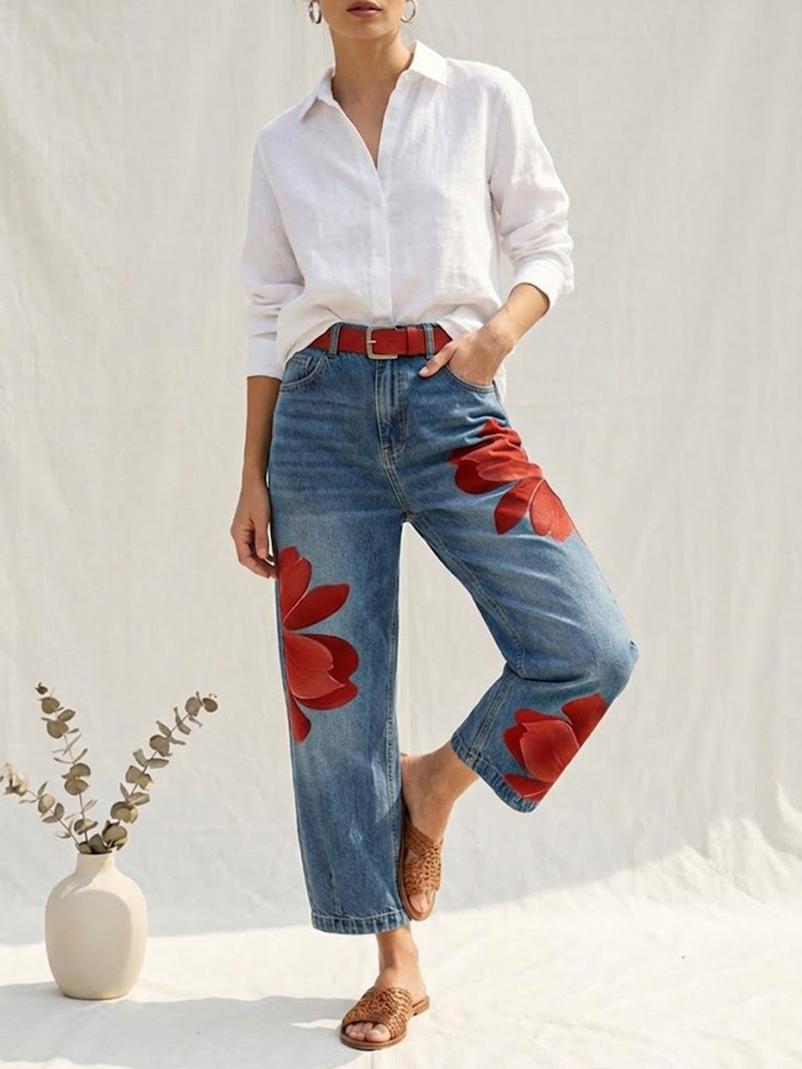 Jeans donna a fiori gamba ampia - Originali e casual