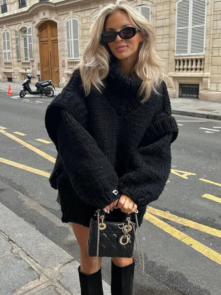 Maglione a collo alto spesso da donna – Maglione oversize lavorato a maglia con maniche a sbuffo