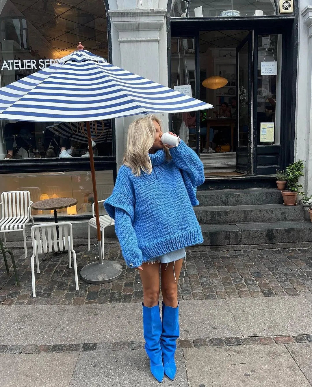 Maglione a collo alto spesso da donna – Maglione oversize lavorato a maglia con maniche a sbuffo