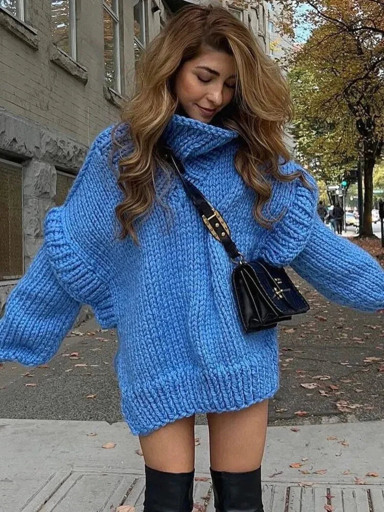 Maglione a collo alto spesso da donna – Maglione oversize lavorato a maglia con maniche a sbuffo