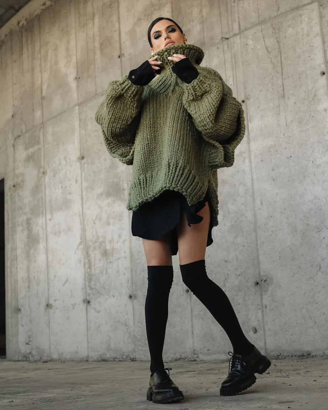 Maglione a collo alto spesso da donna – Maglione oversize lavorato a maglia con maniche a sbuffo