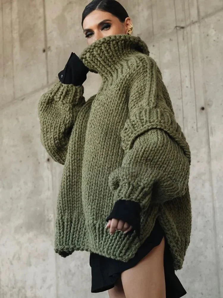 Maglione a collo alto spesso da donna – Maglione oversize lavorato a maglia con maniche a sbuffo