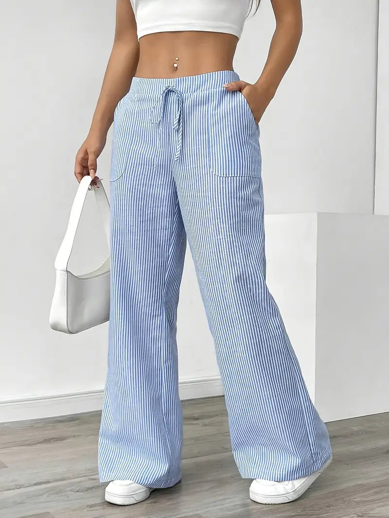 Pantaloni Donna a Gamba Larga a Righe – Vita Alta e Comfort