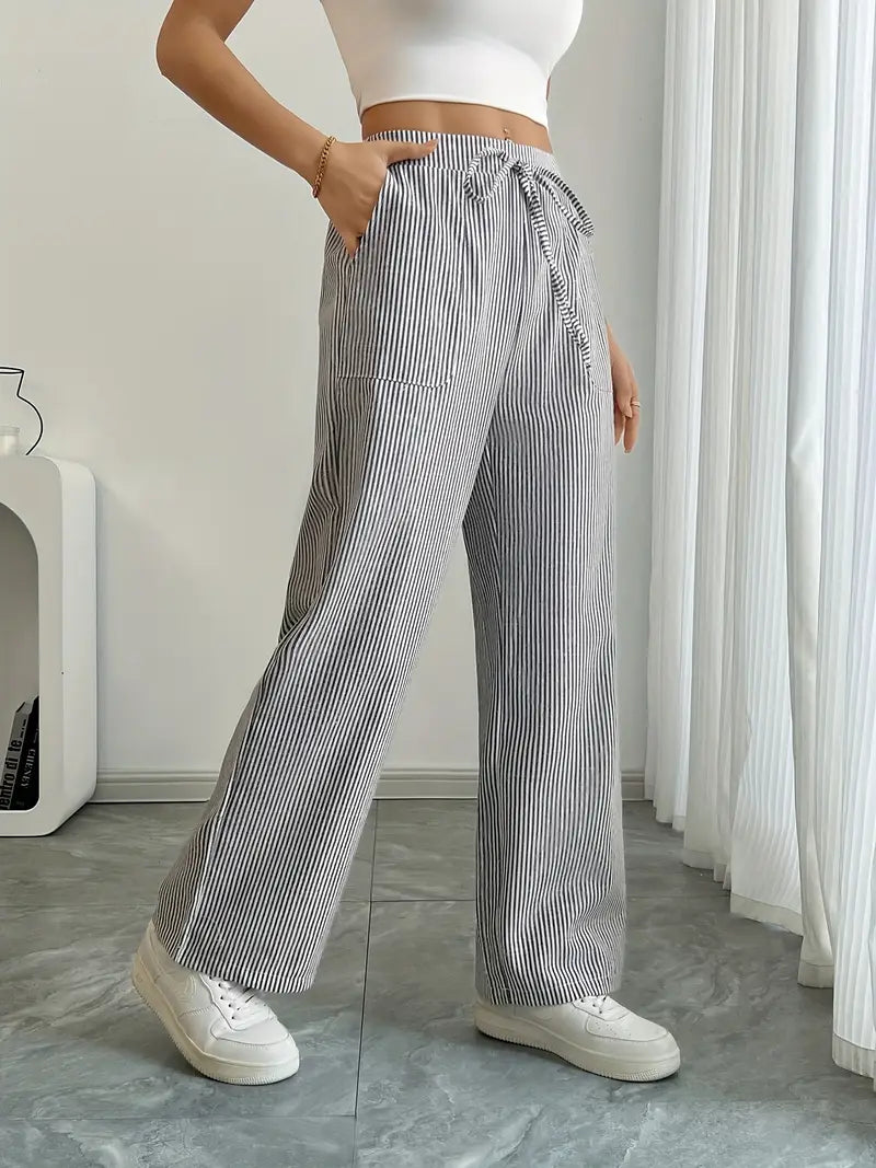 Pantaloni Donna a Gamba Larga a Righe – Vita Alta e Comfort