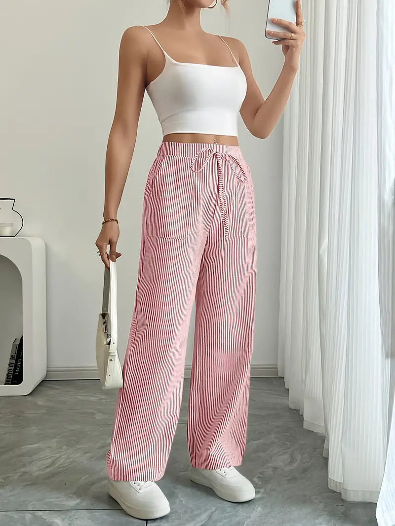 Pantaloni Donna a Gamba Larga a Righe – Vita Alta e Comfort
