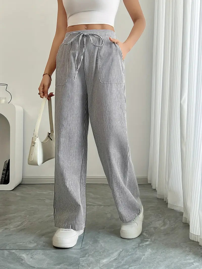Pantaloni Donna a Gamba Larga a Righe – Vita Alta e Comfort