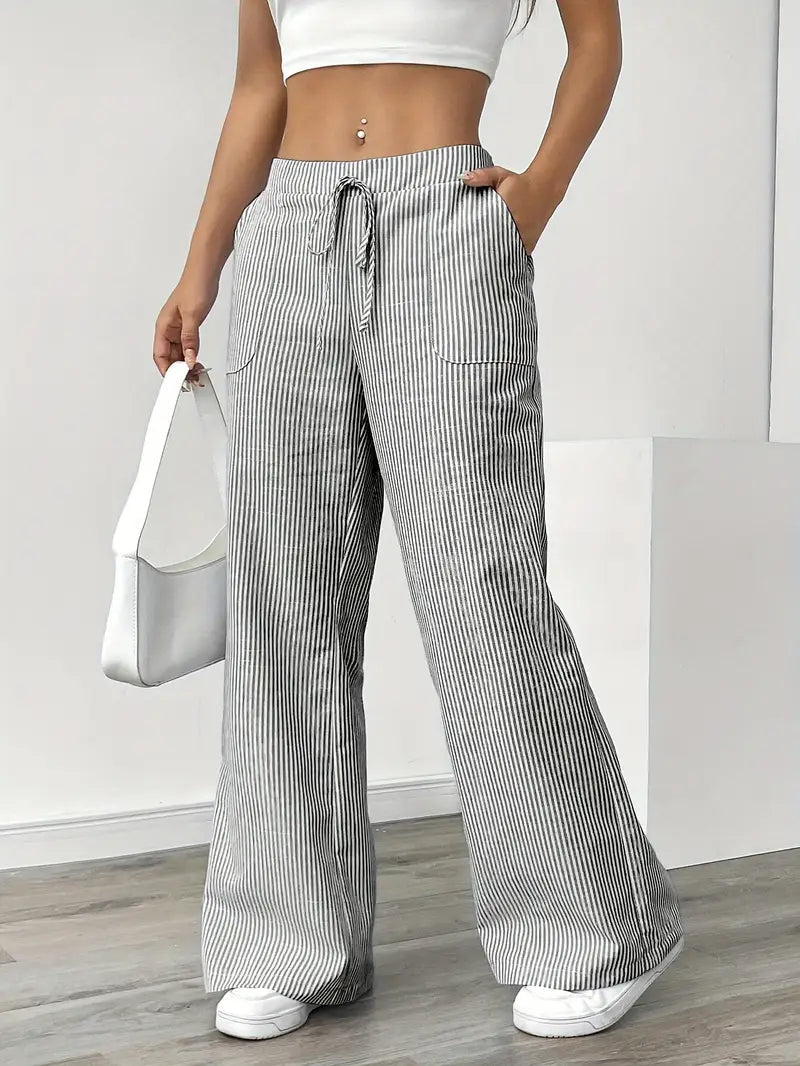 Pantaloni Donna a Gamba Larga a Righe – Vita Alta e Comfort