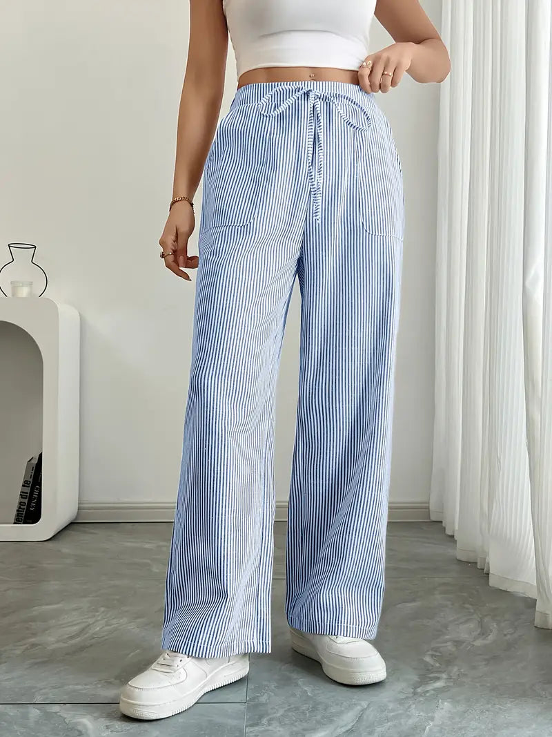 Pantaloni Donna a Gamba Larga a Righe – Vita Alta e Comfort