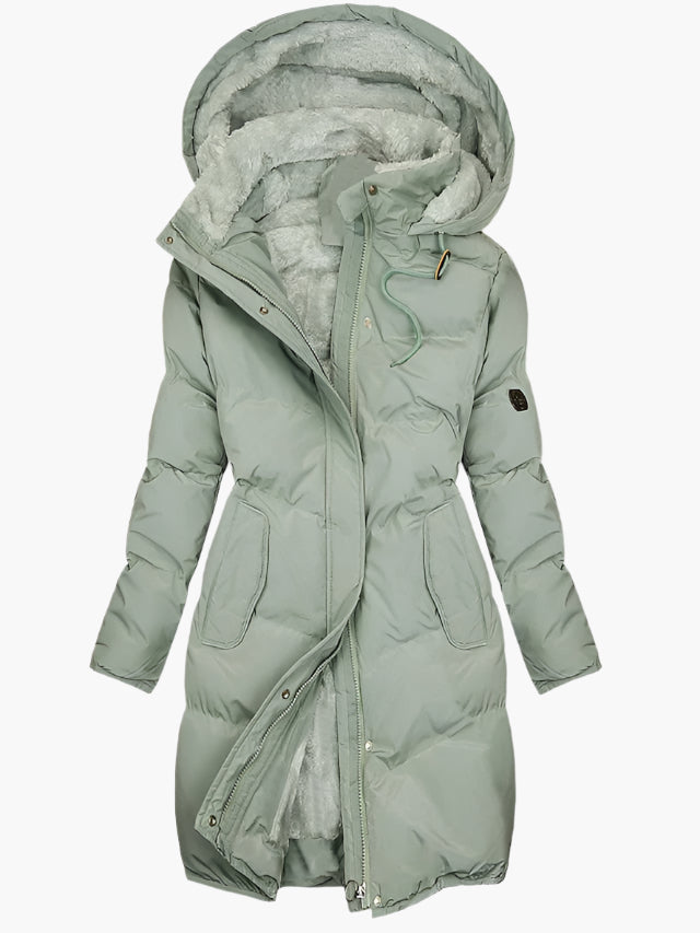 Giacca lunga trapuntata con cappuccio da donna - calda leggera e antivento per l'inverno