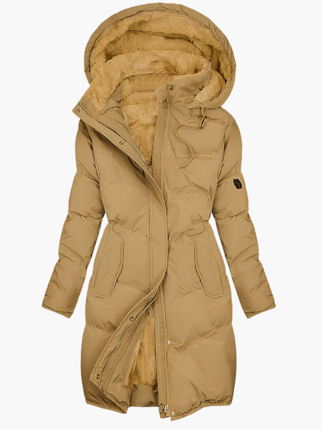 Giacca lunga trapuntata con cappuccio da donna - calda leggera e antivento per l'inverno