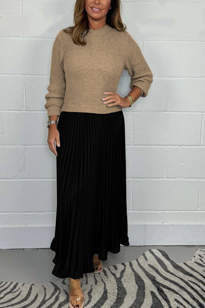 Completo donna invernale – Maglione in maglia e gonna plissé in raso eleganti