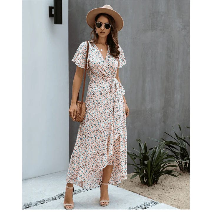 Elegante abito floreale avvolgente da donna – Stile estivo con volant