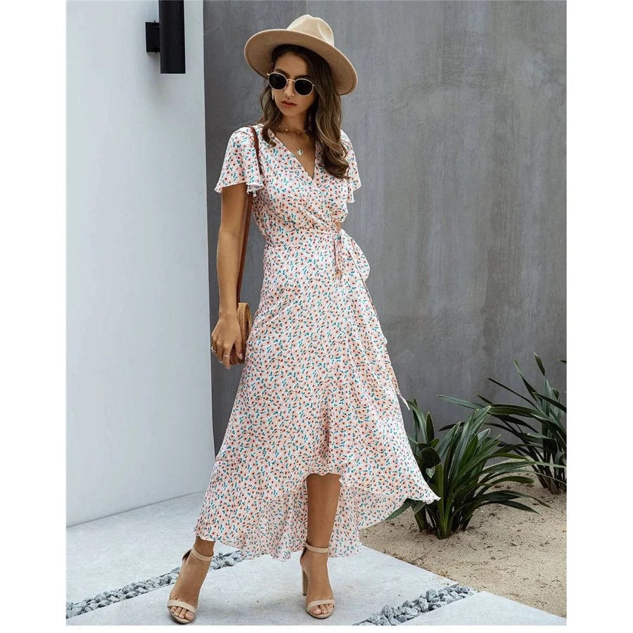Elegante abito floreale avvolgente da donna – Stile estivo con volant