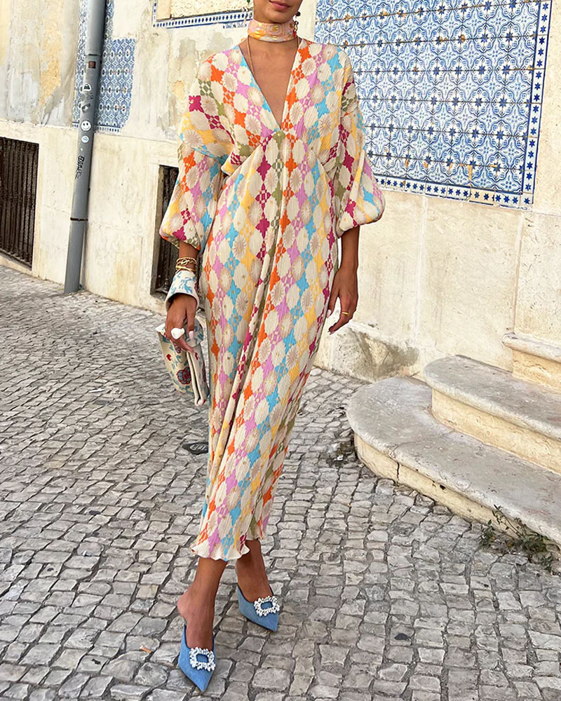 Abito maxi donna con scollo a V – Vestito lungo stampato con maniche a palloncino stile elegante