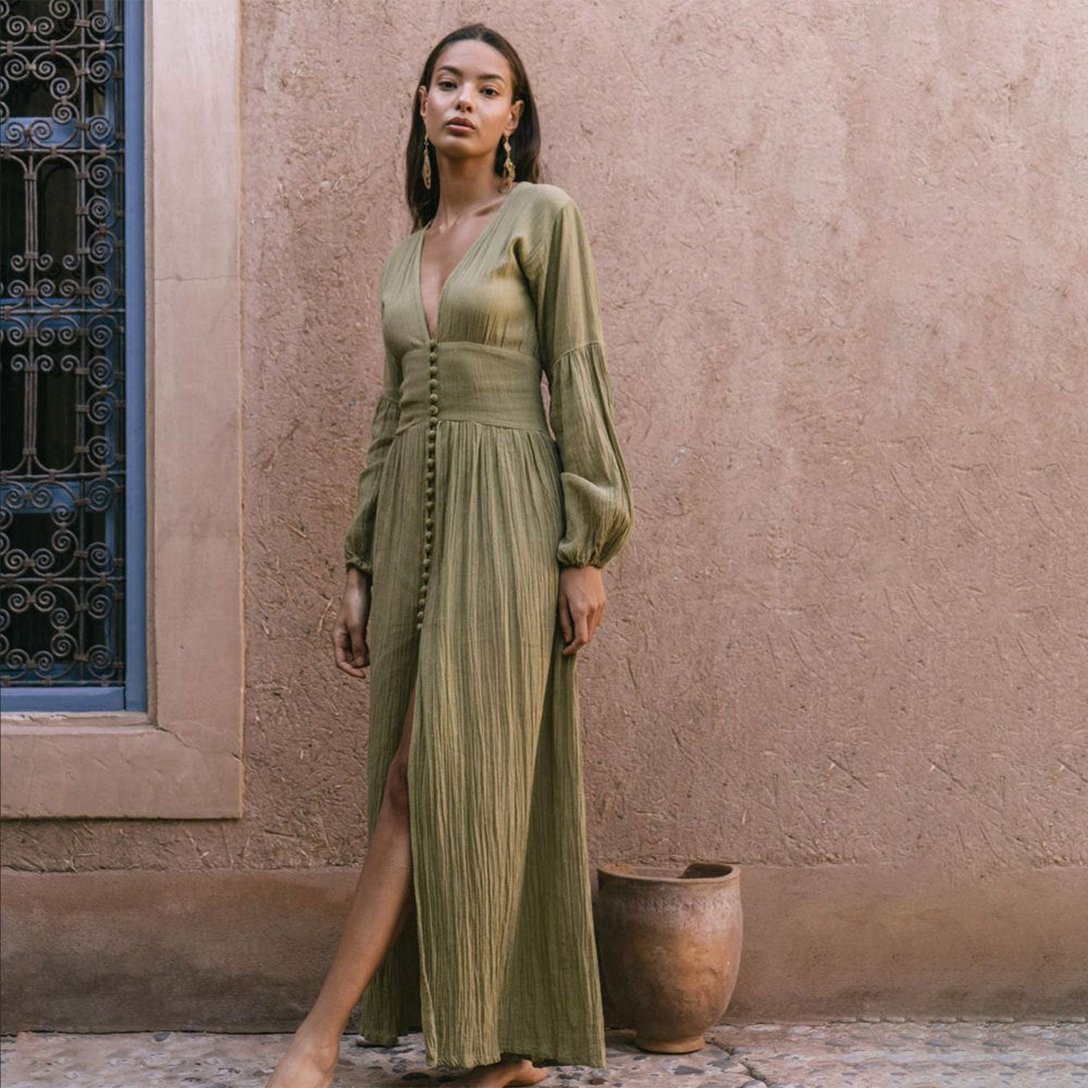 Abito lungo da donna in stile boho con scollo a V – Stile estivo casual e svolazzante da spiaggia