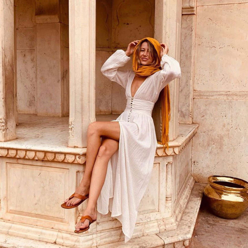 Abito lungo da donna in stile boho con scollo a V – Stile estivo casual e svolazzante da spiaggia