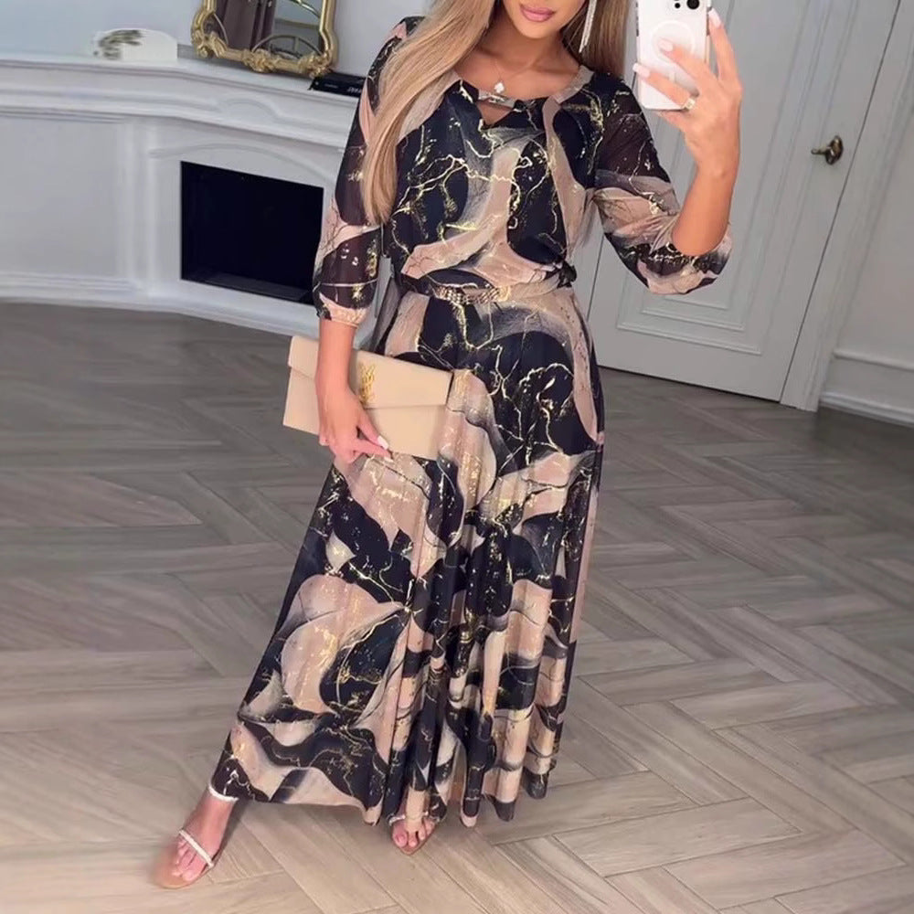 Abito maxi boho floreale da donna con maniche a tre quarti – Fluido ed elegante