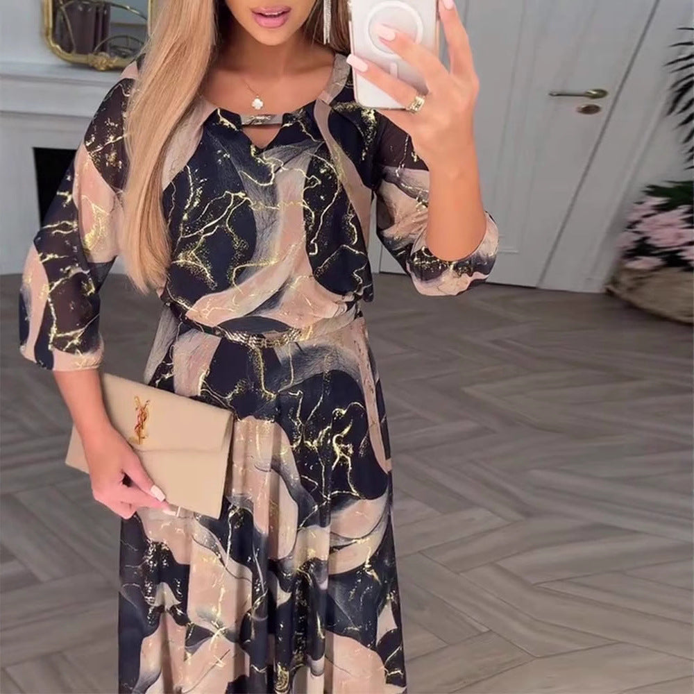 Abito maxi boho floreale da donna con maniche a tre quarti – Fluido ed elegante