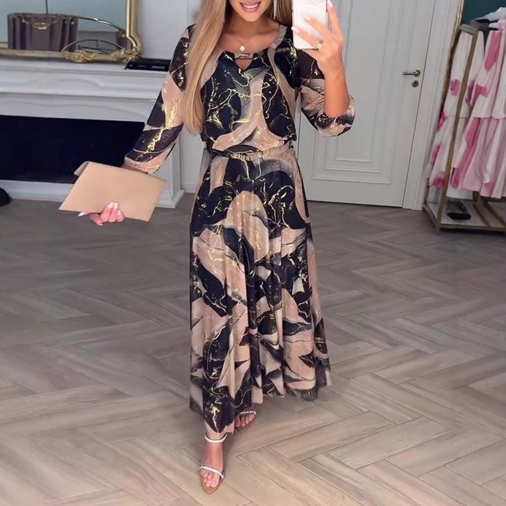 Abito maxi boho floreale da donna con maniche a tre quarti – Fluido ed elegante