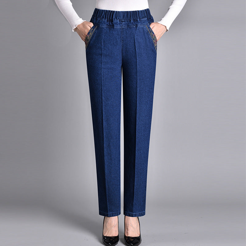 Jeans dritti alla moda per donna - Pantaloni in denim con elastico in vita e tasche