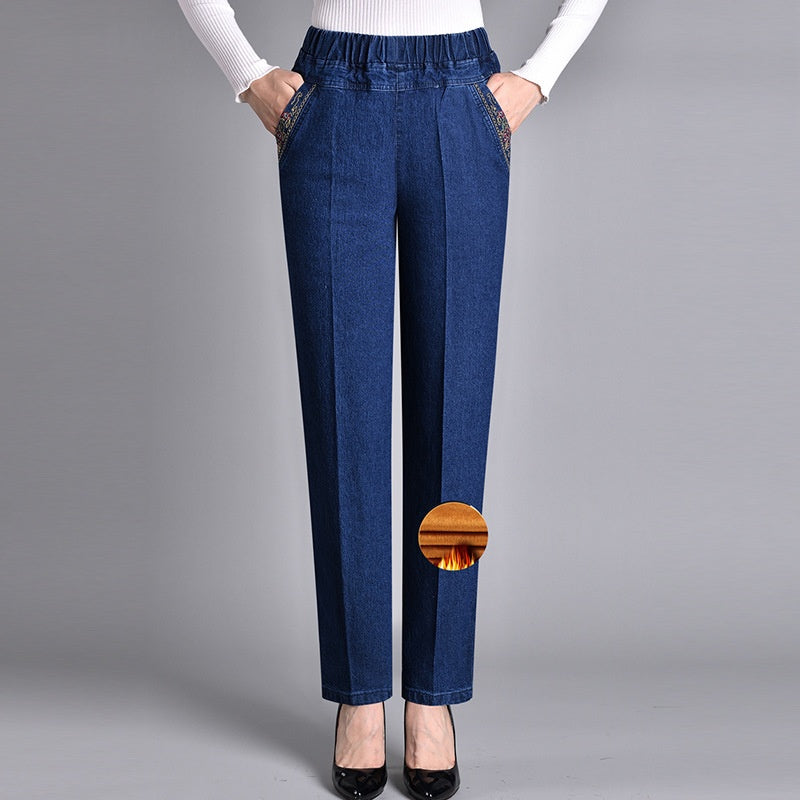 Jeans dritti alla moda per donna - Pantaloni in denim con elastico in vita e tasche