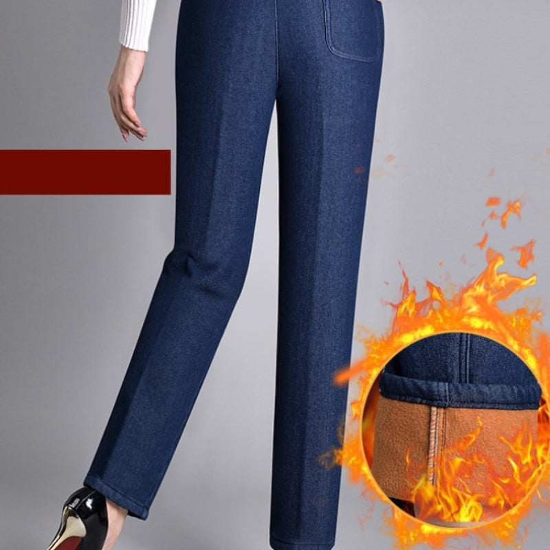 Jeans dritti alla moda per donna - Pantaloni in denim con elastico in vita e tasche