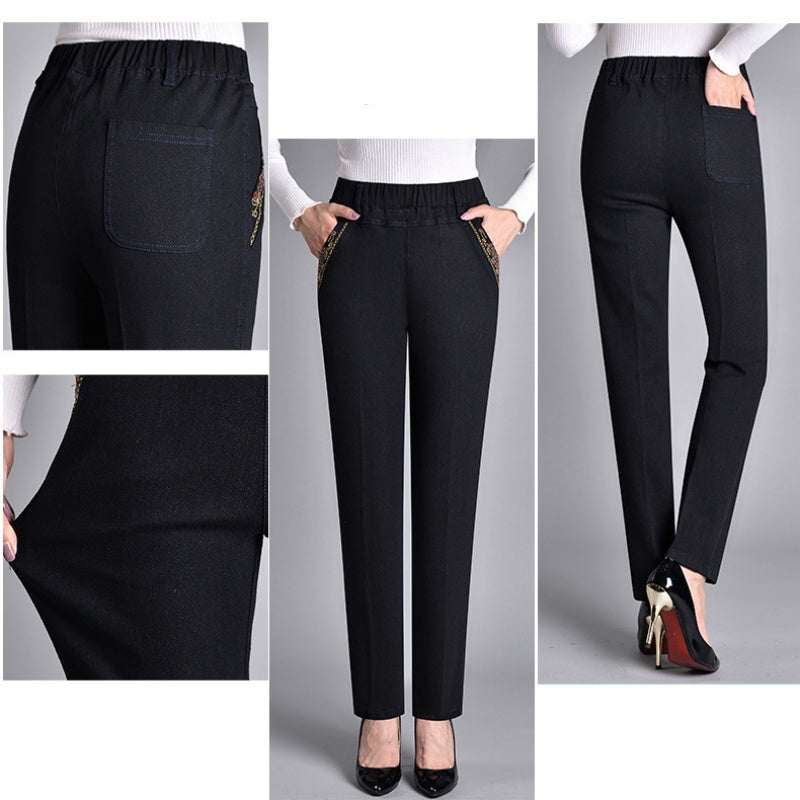 Jeans dritti alla moda per donna - Pantaloni in denim con elastico in vita e tasche