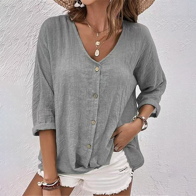 Camicia casual da donna con scollo a V – Top a maniche lunghe con bottoni