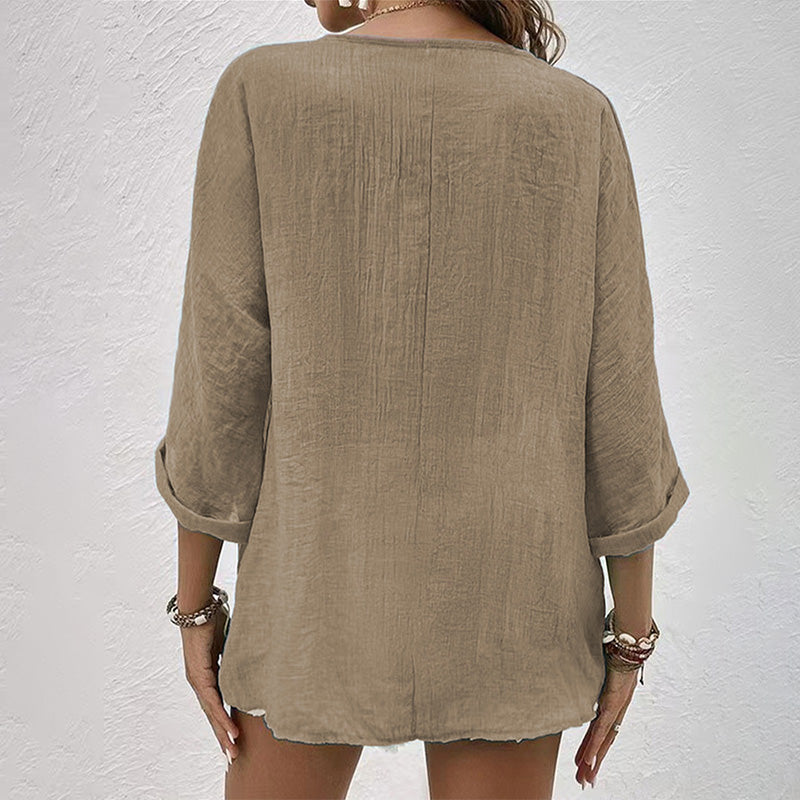 Camicia casual da donna con scollo a V – Top a maniche lunghe con bottoni