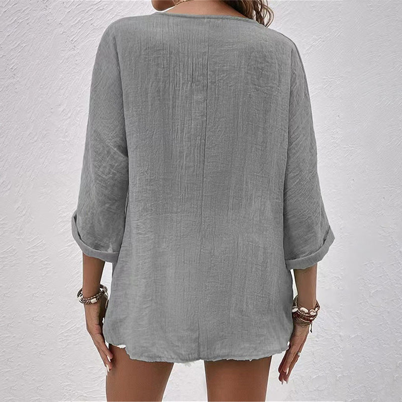 Camicia casual da donna con scollo a V – Top a maniche lunghe con bottoni