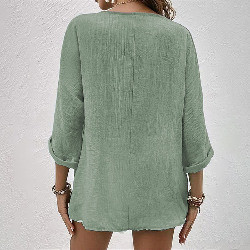 Camicia casual da donna con scollo a V – Top a maniche lunghe con bottoni
