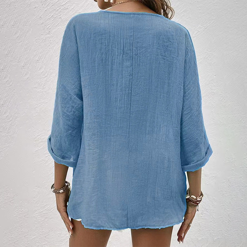 Camicia casual da donna con scollo a V – Top a maniche lunghe con bottoni