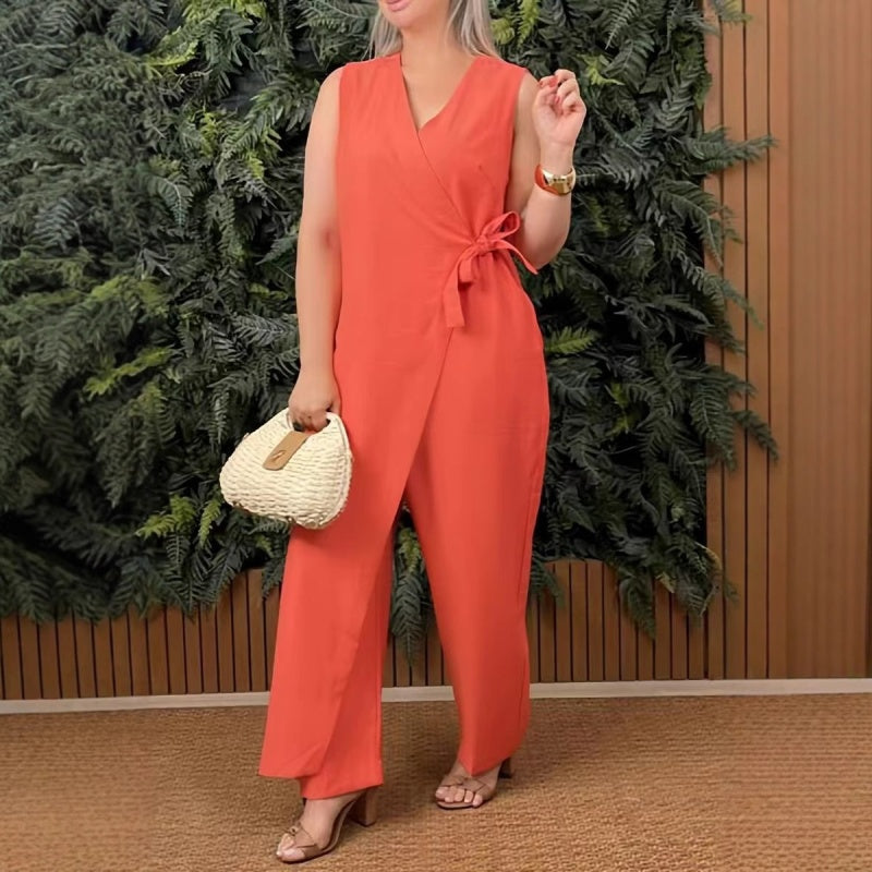 Tuta intera estiva donna senza maniche – jumpsuit con cintura elegante