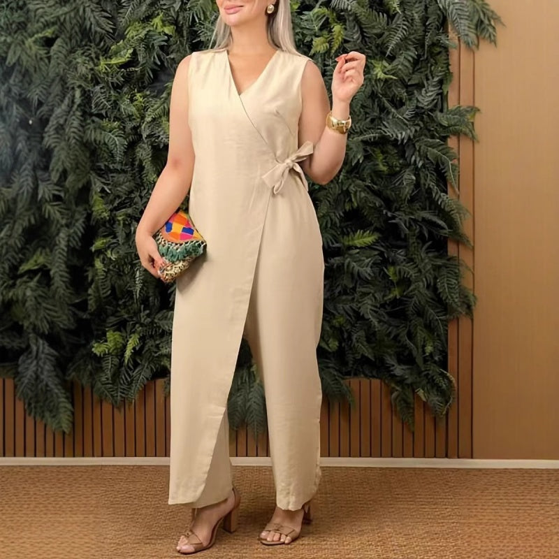 Tuta intera estiva donna senza maniche – jumpsuit con cintura elegante