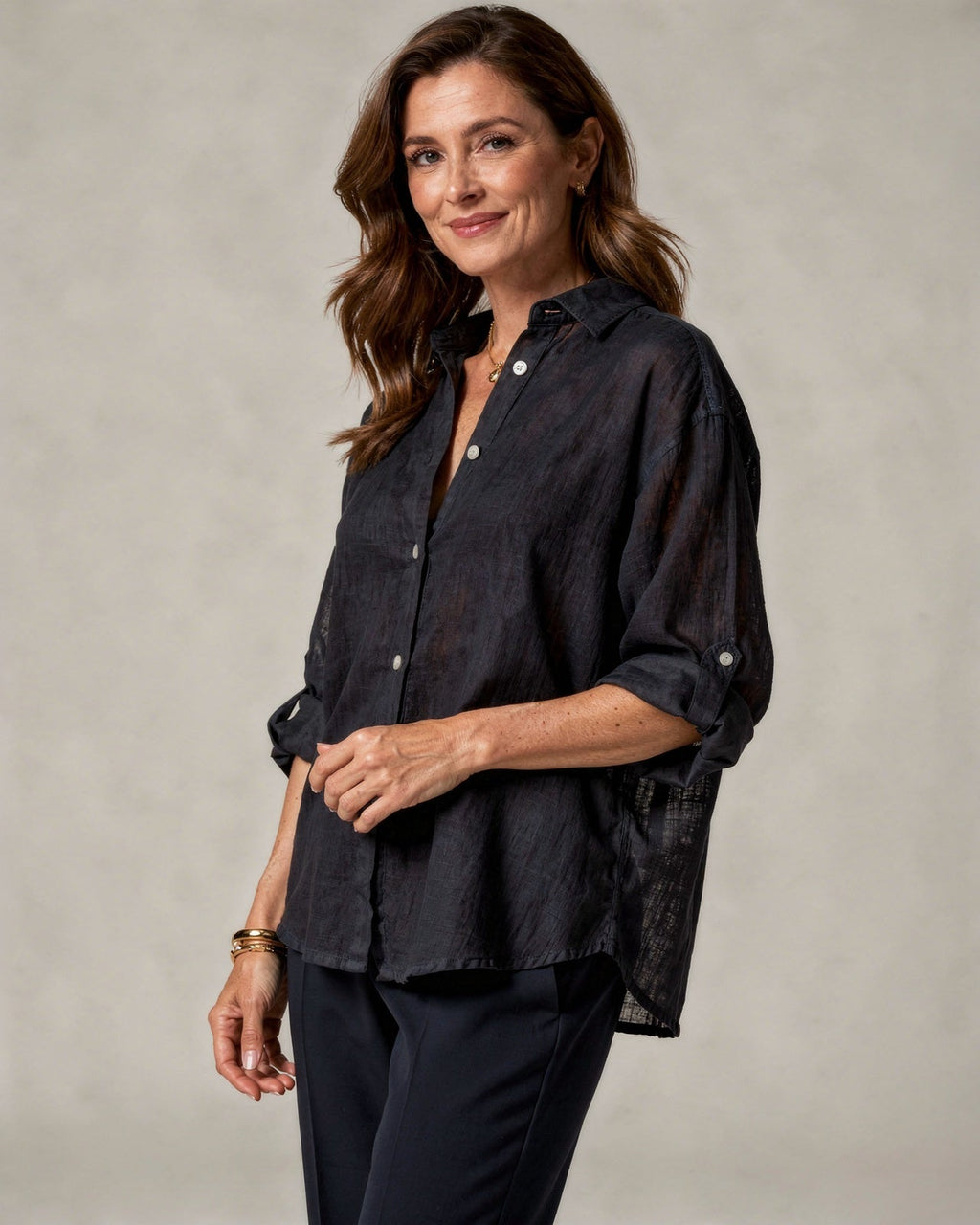 Camicetta oversize in cotone e lino da donna – Top casual a maniche lunghe