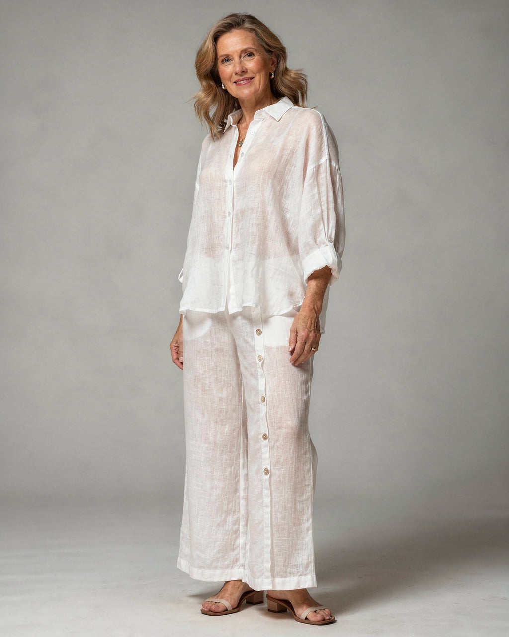 Camicetta oversize in cotone e lino da donna – Top casual a maniche lunghe