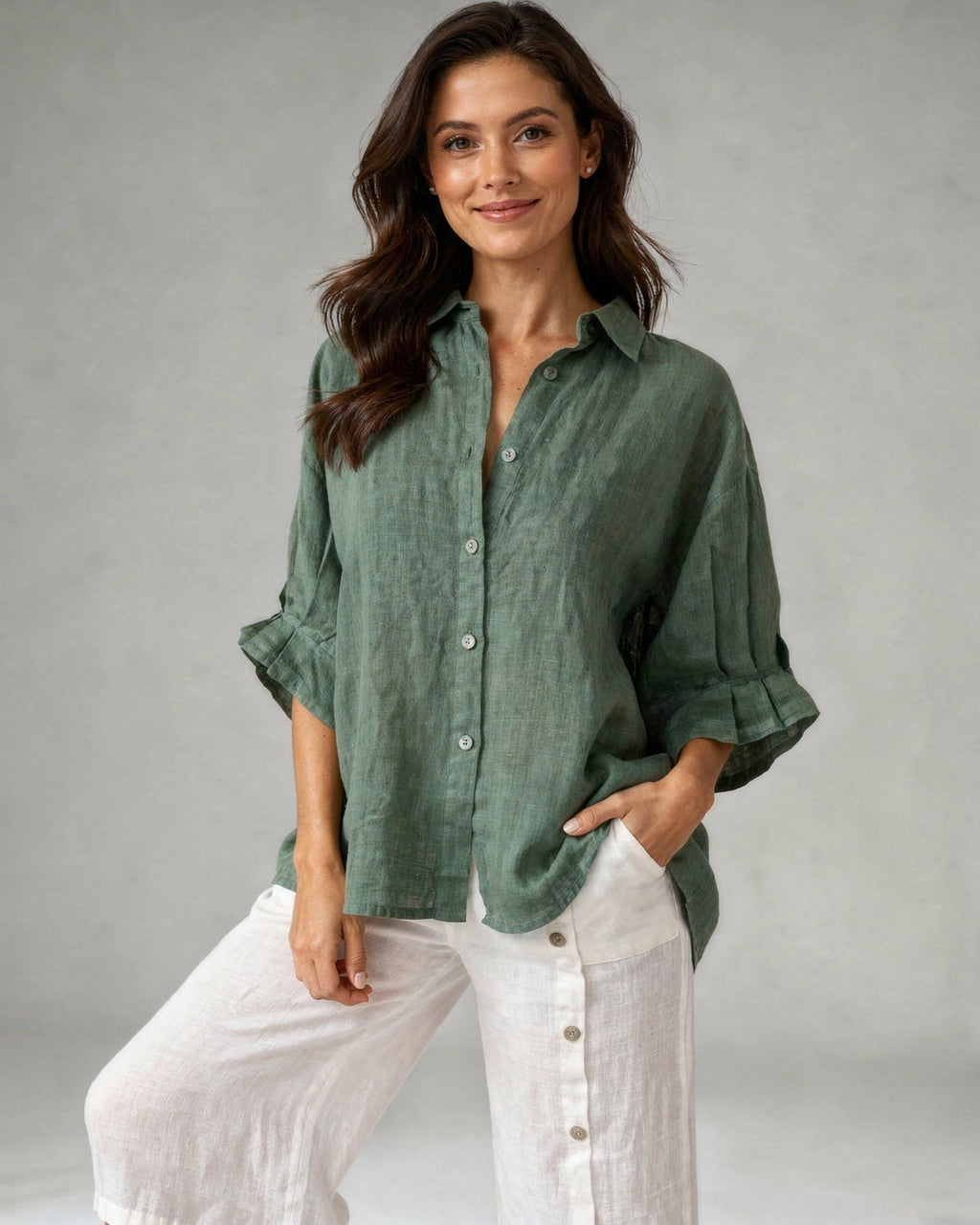 Camicetta oversize in cotone e lino da donna – Top casual a maniche lunghe