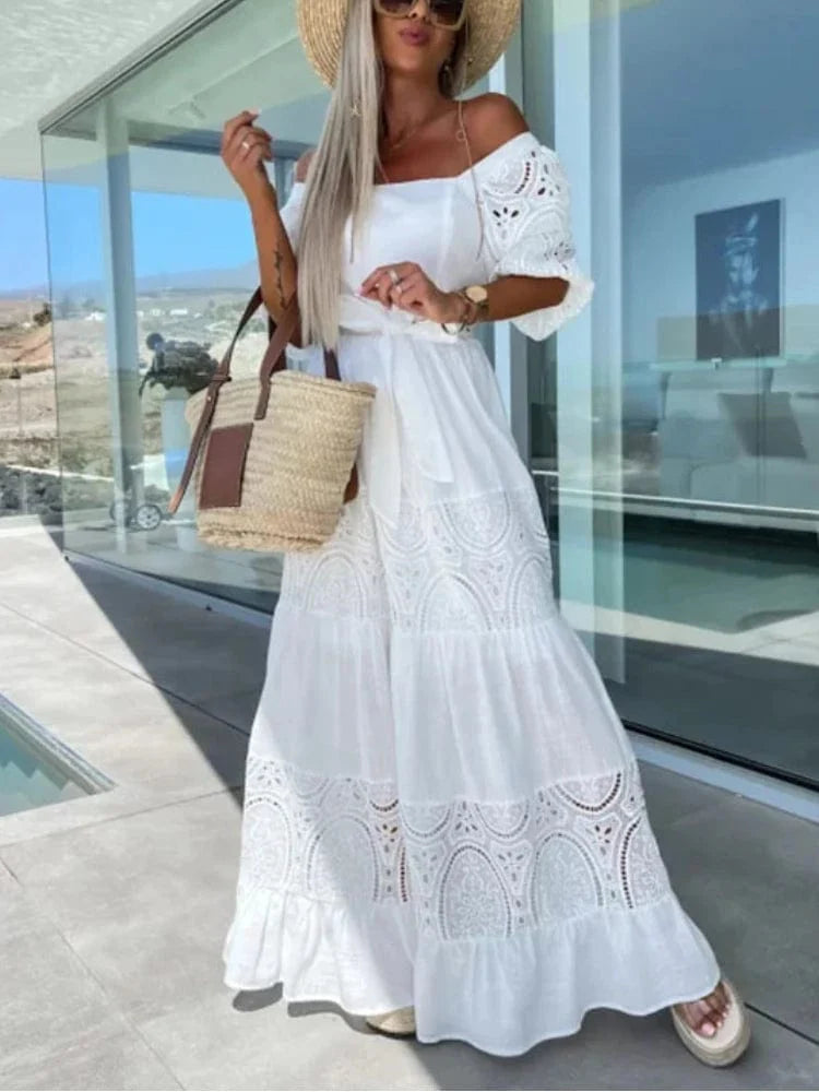 Abito maxi Ibiza in pizzo bianco stile hippie da donna