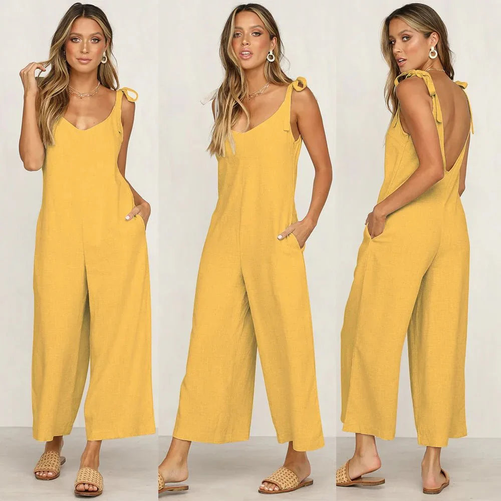 Tuta estiva midi da donna – Tuta di lusso senza maniche con scollo a V