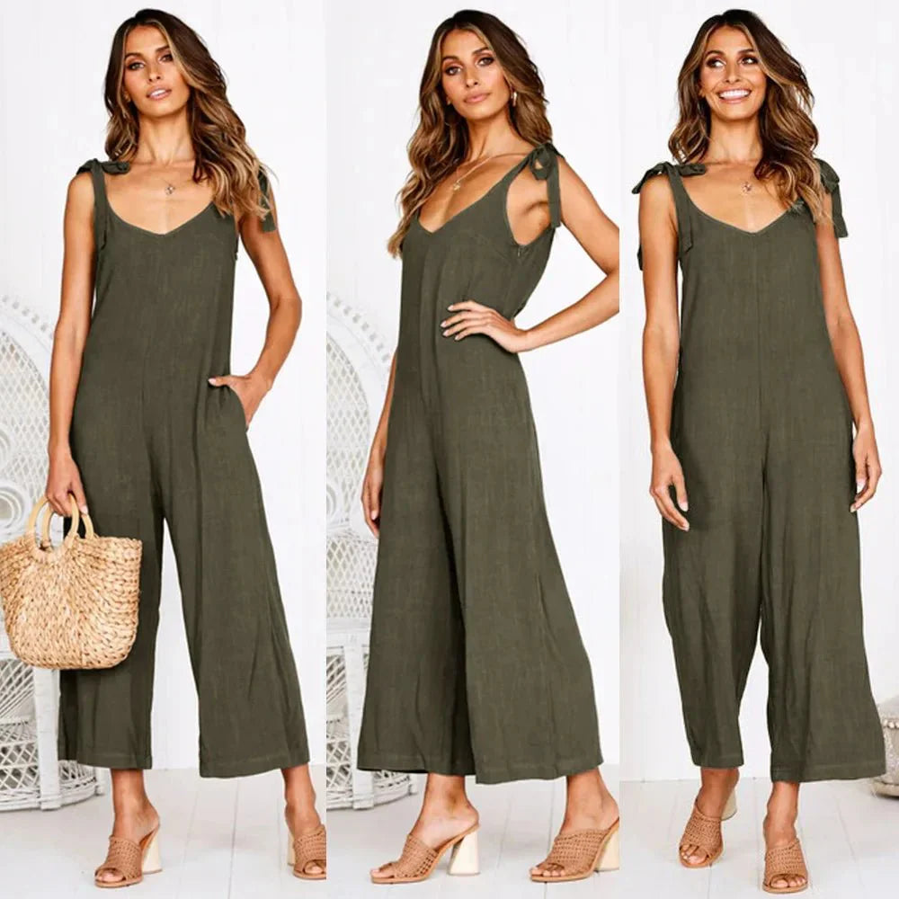 Tuta estiva midi da donna – Tuta di lusso senza maniche con scollo a V