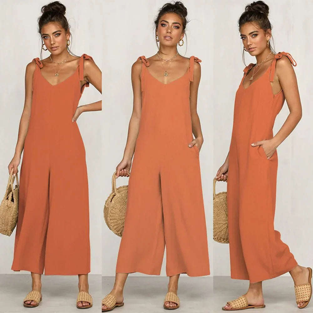 Tuta estiva midi da donna – Tuta di lusso senza maniche con scollo a V